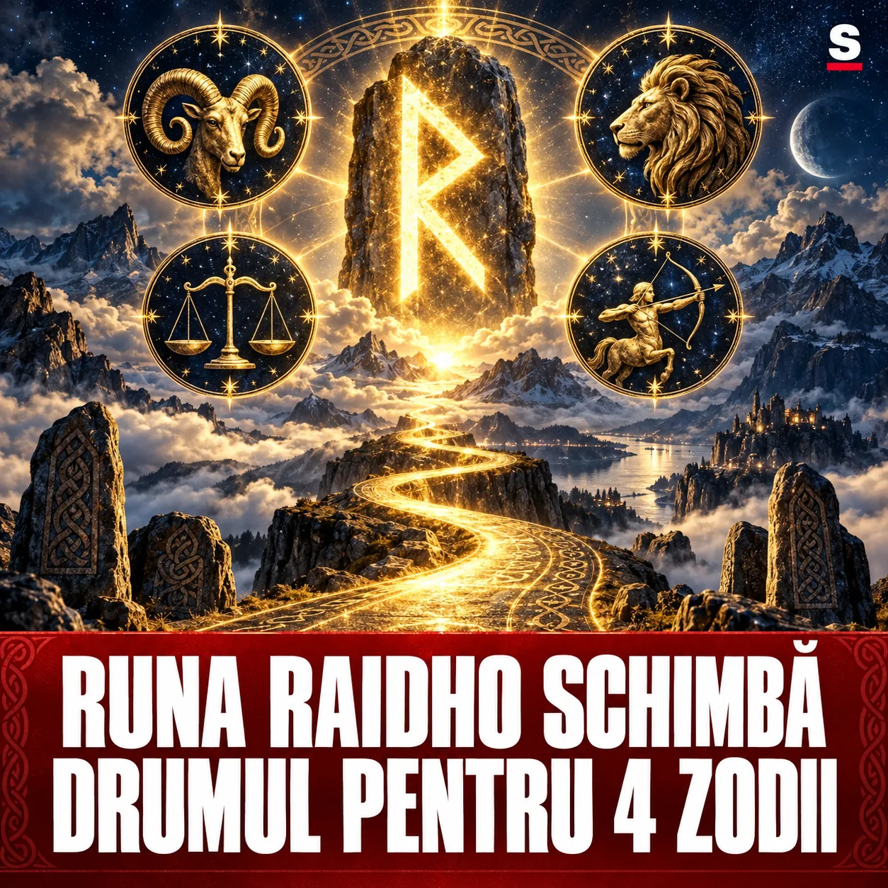 Rună Raidho și un drum auriu printre munți