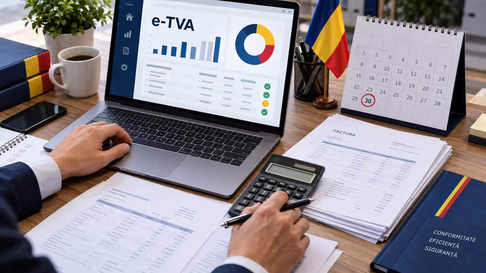 Contabil verificând un tablou digital RO e-TVA și calendarul de la finalul lunii septembrie