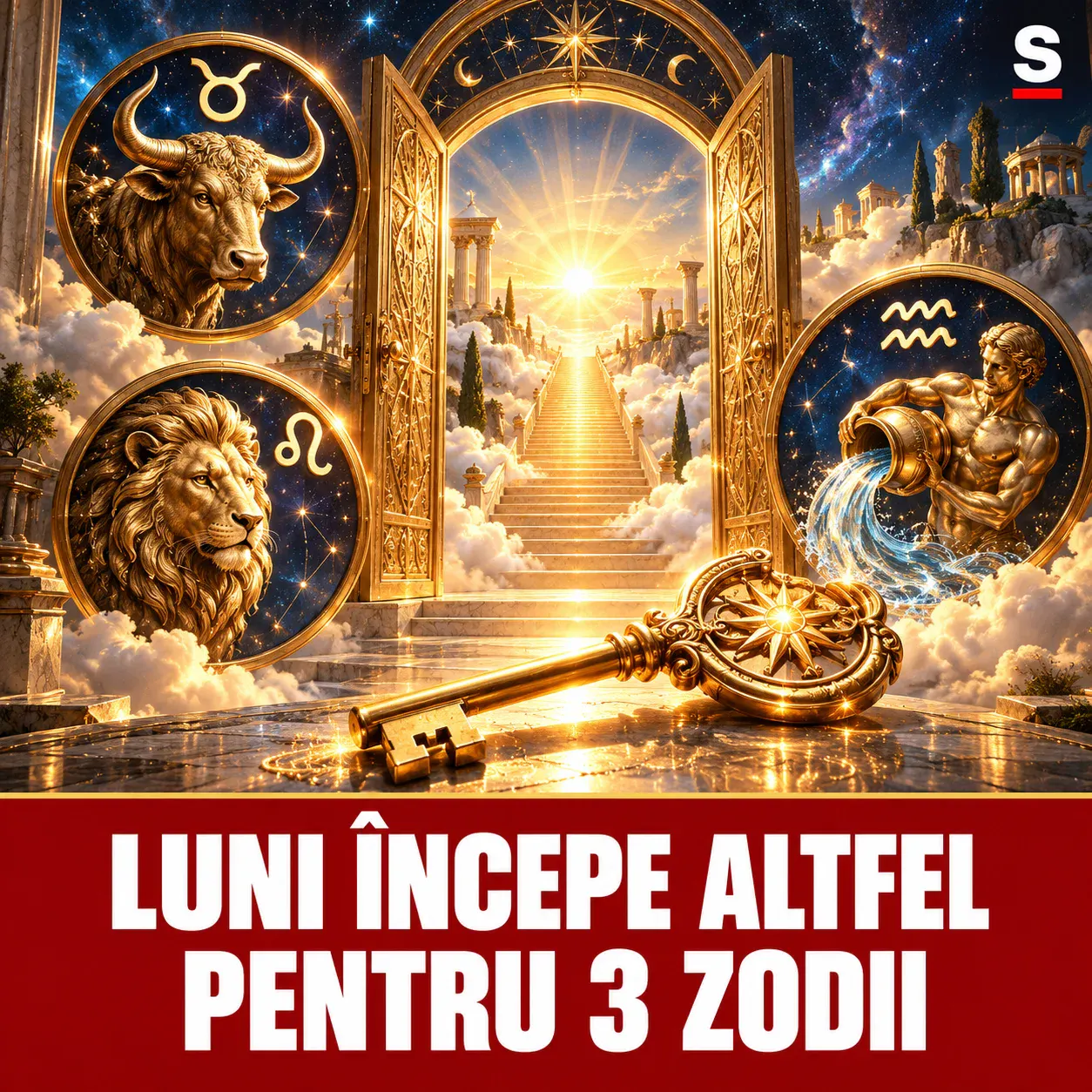 Trei medalioane zodiacale și o cheie aurie în fața unei scări luminoase