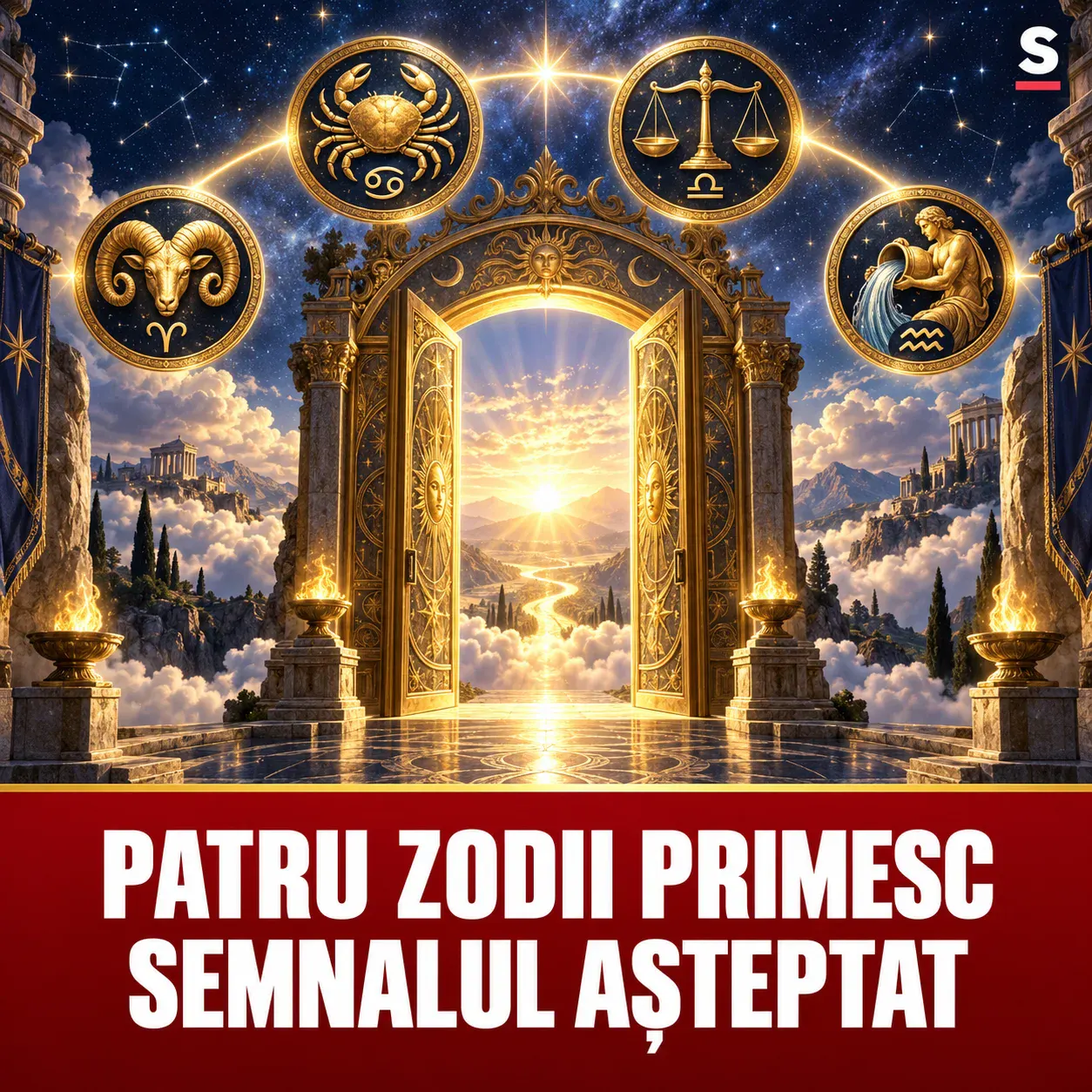 Patru medalioane zodiacale în fața unei porți aurii deschise la răsărit