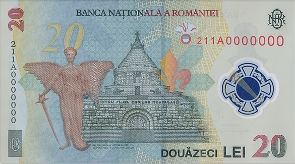 Bancnotă românească de 20 de lei, fotografiată pe fundal neutru