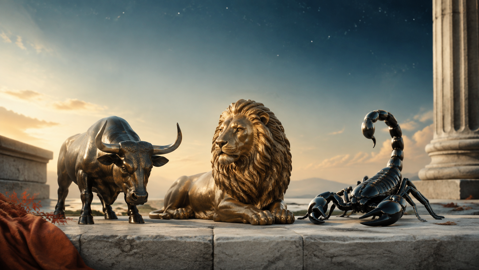 Ilustrație editorială cu un taur, un leu și un scorpion, simbolurile celor trei zodii evidențiate la început de septembrie 2026